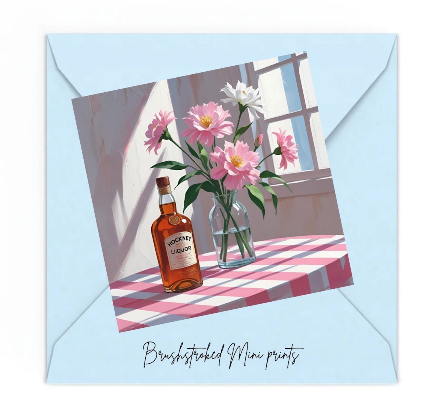 Liquor bottle and glass vase with pink and white flowers on table with pink and white check cloth near window mini art print