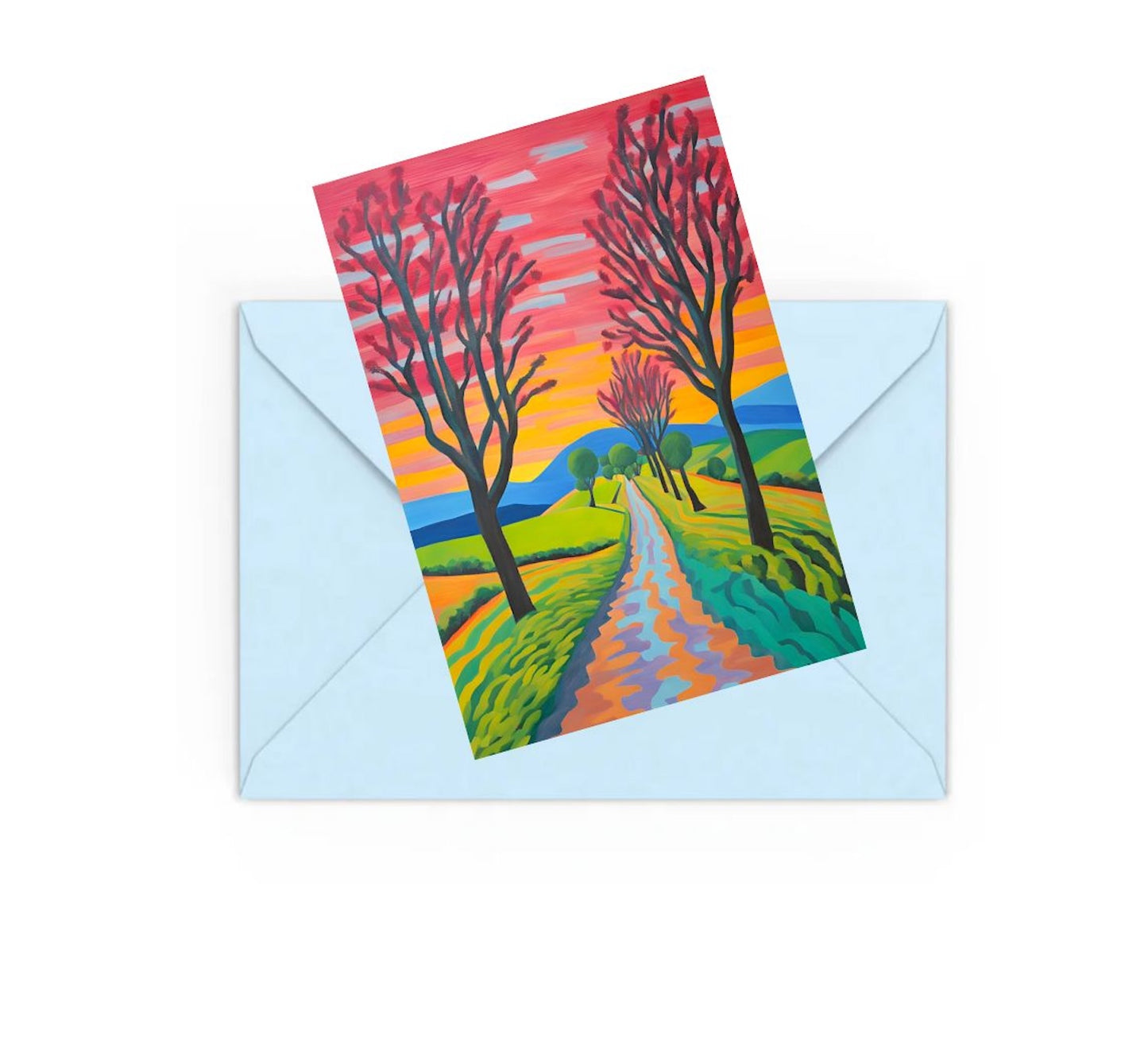 abstract colourful landscape art with trees, path, hills and wild floers mini art print, on top of a Blue envelope