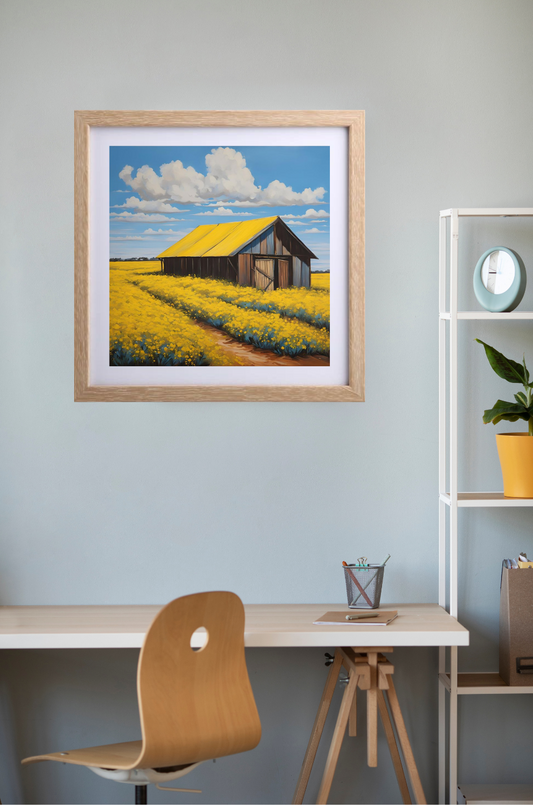 Old farmhouse among Yellow canola fields.and blue skies artwork.hanging on wall.