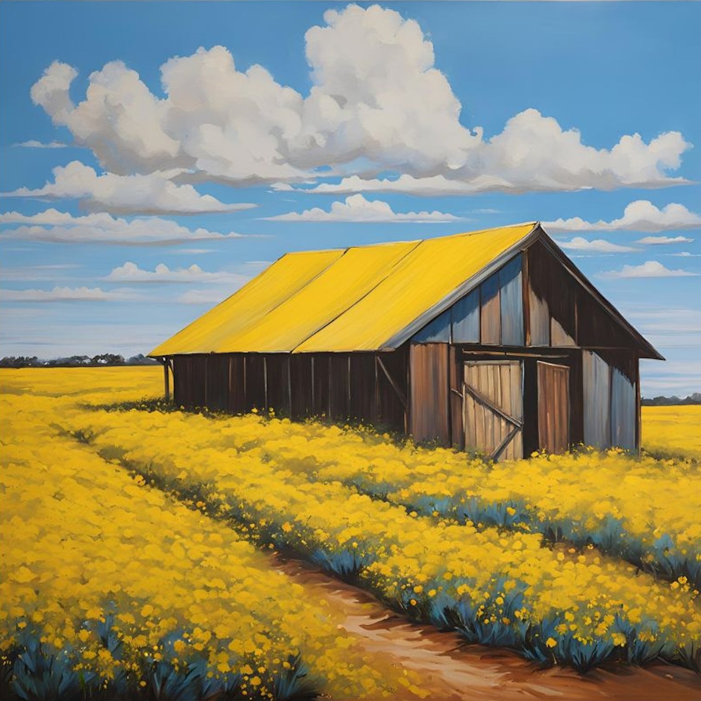 -Old farmhouse among yellow canola fields and blue skies art print