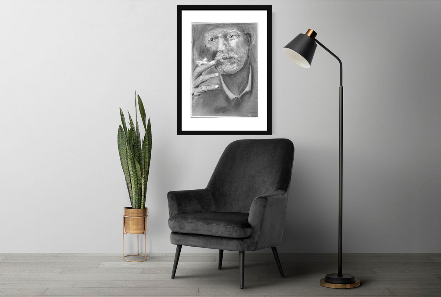 black and white portrait of an old man art print framed and hung on wall