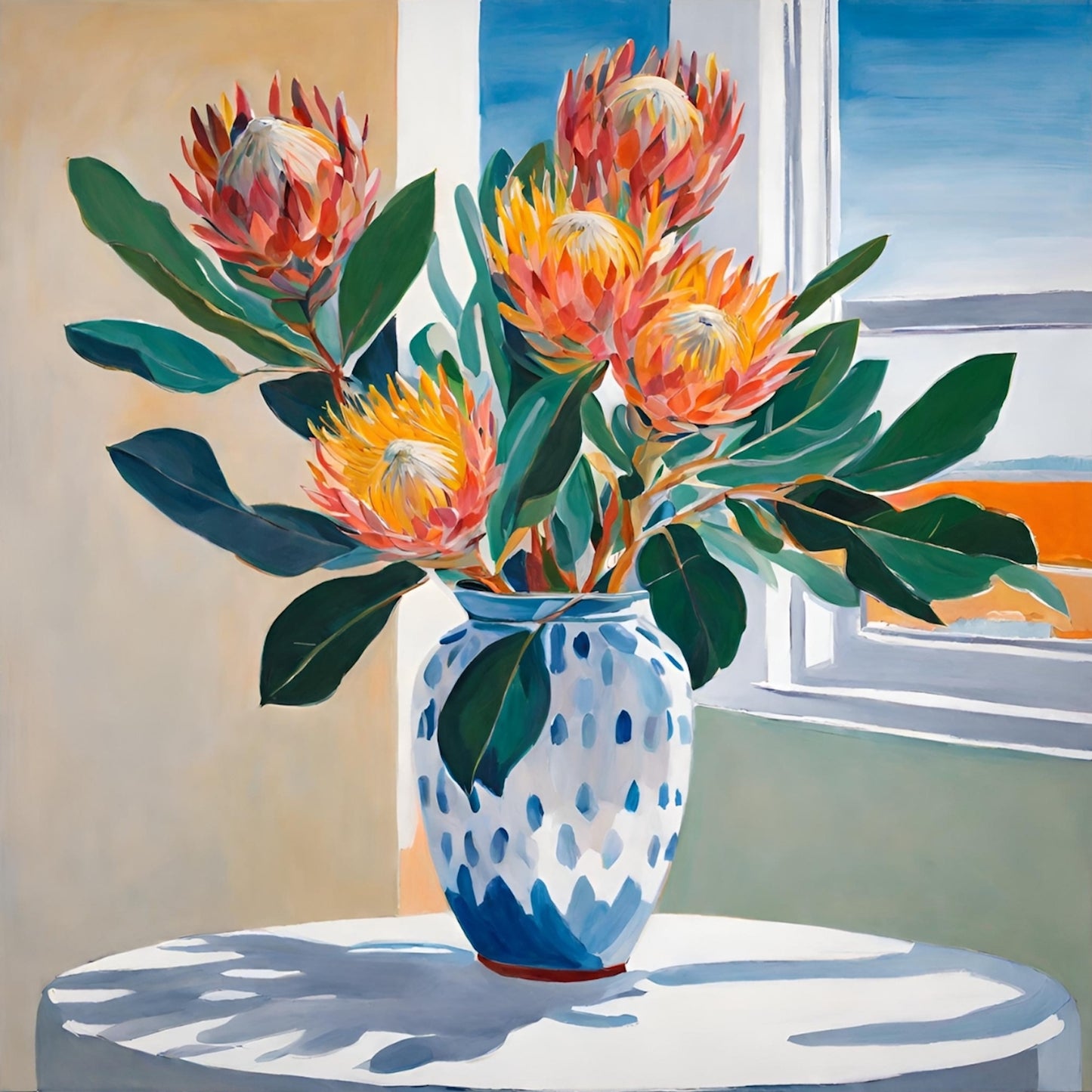 Pink And Orange Proteas In Blue And White Vase Floral Art Giclée Print