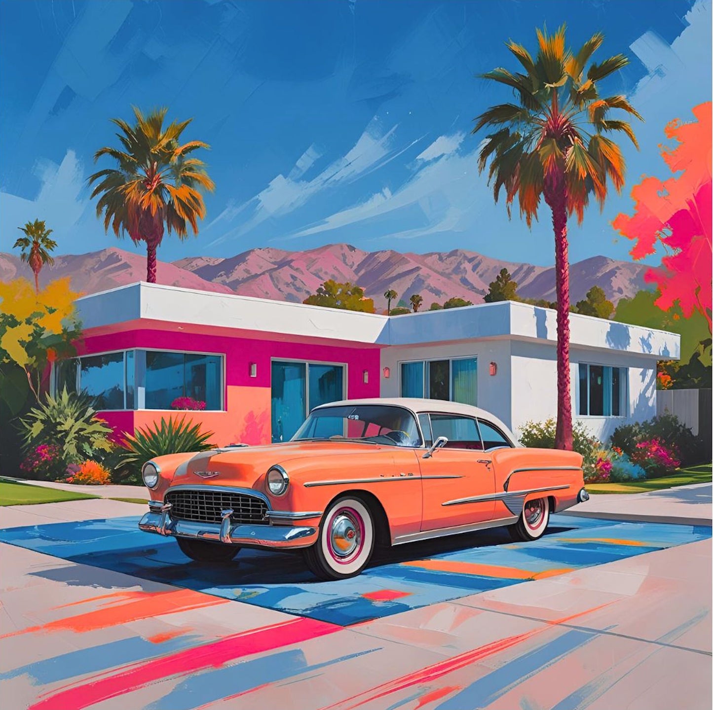 Vintage car parked in front of a colorful house with palm trees and mountains in the background