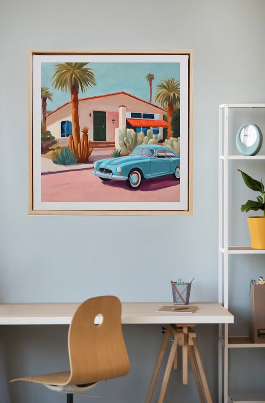 pink house in Palm Springs California-PalmTrees-Blue Vintage car-Art print hanging on wall