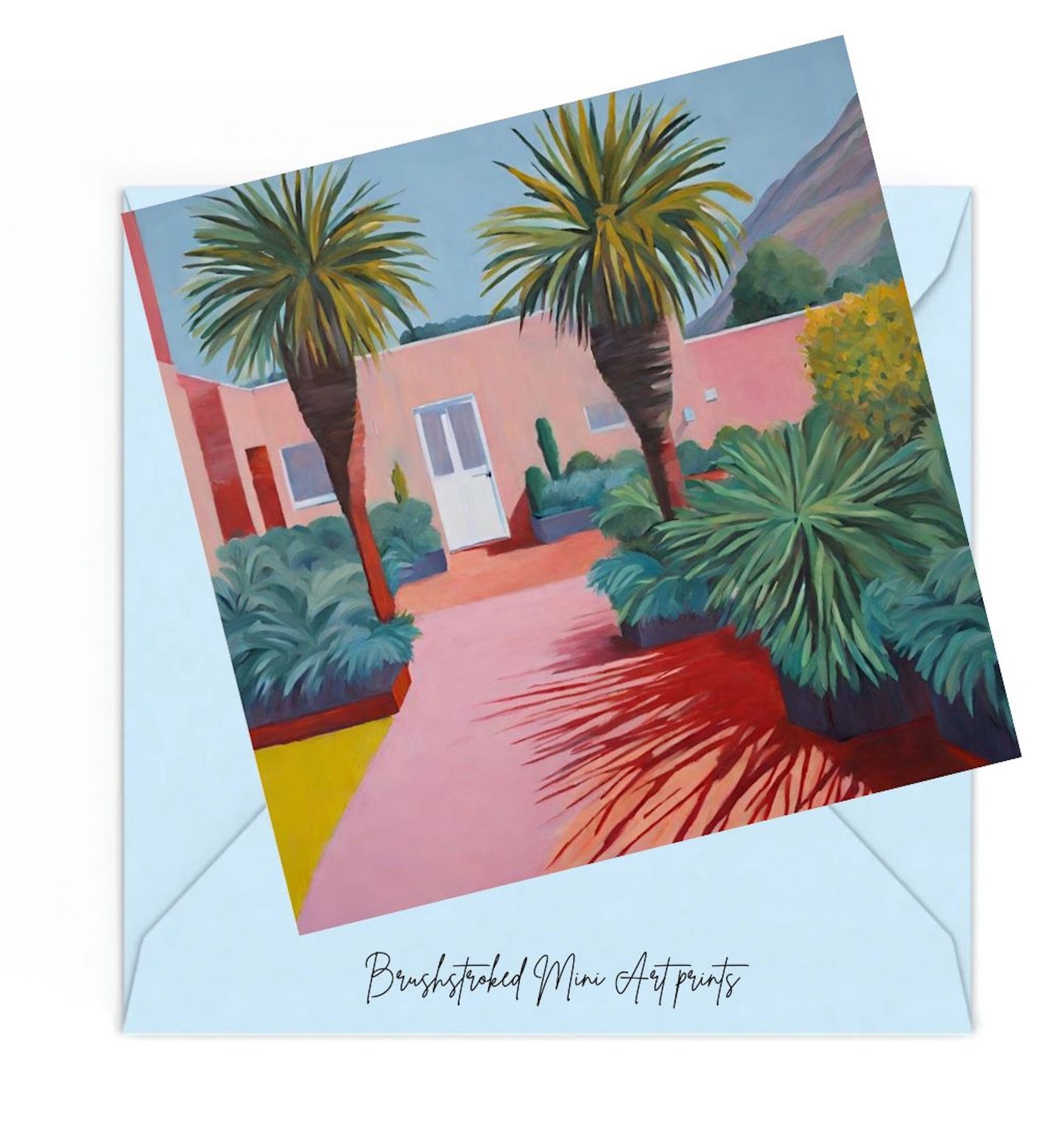 pink palm springs house with palm trees and mountains colourful mini art print