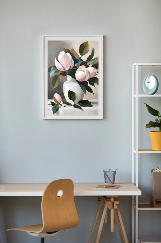light pink magnolias and leaves in white vase artwork hanging on a wall framed in white