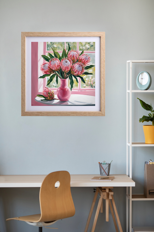 A vibrant painting of pink proteas arranged in a decorative vase wall art