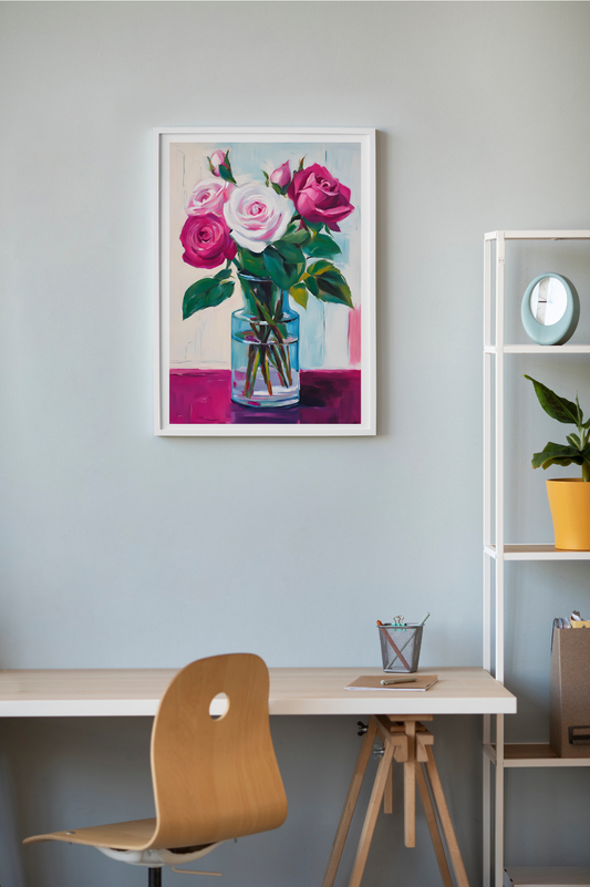 A vibrant painting of pink and white roses in a transparent vase, showcasing their delicate beauty framed and hanging on a wall