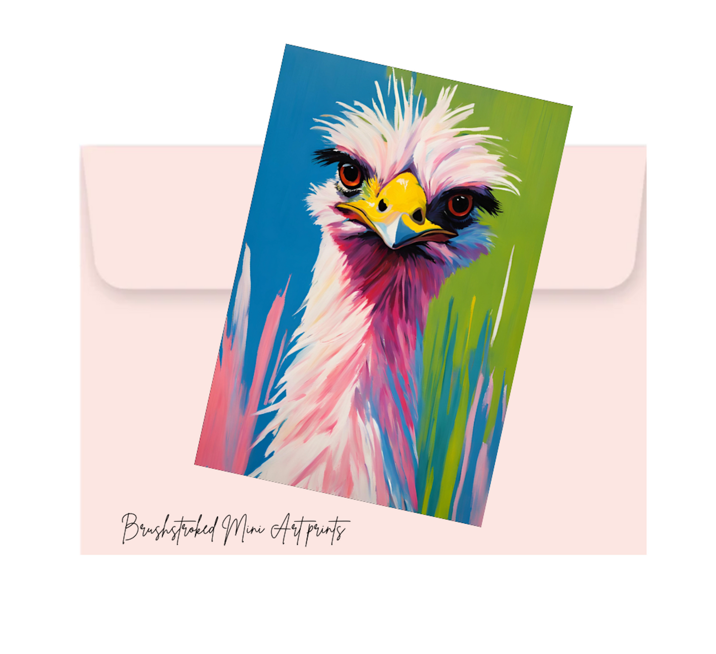 pink whimsical emu portrait on top of a pink envelope