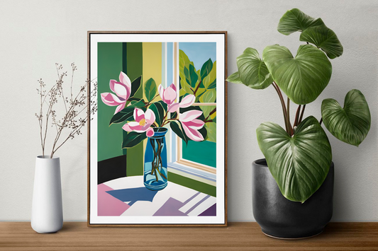 pink magnolias in blue vase art print on table