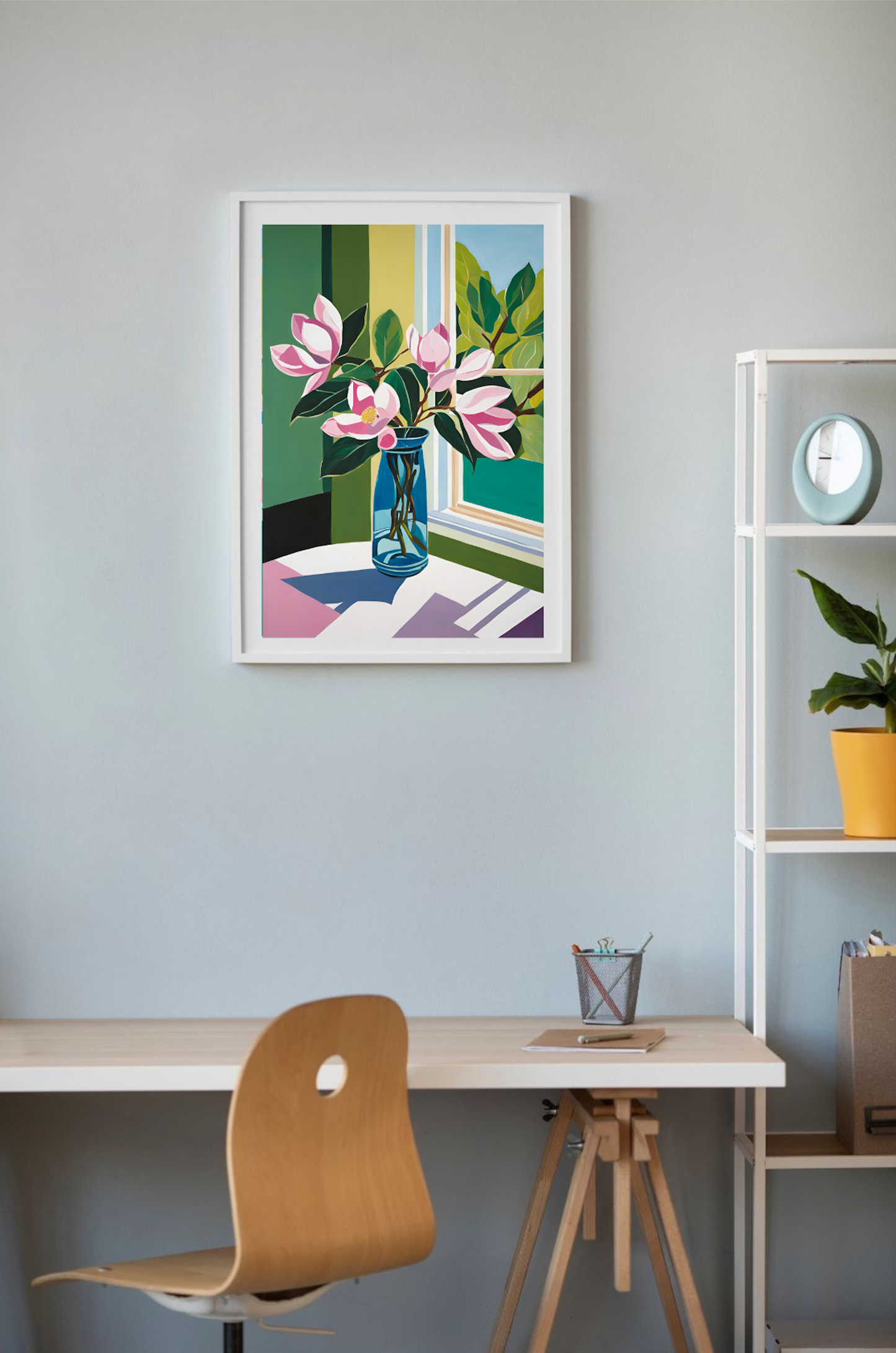 A vibrant painting of Pink Magnolia flowers in a blue vase showcasing a colourful and artistic arrangement.