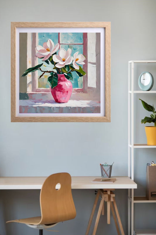 Pink magnolias in bright Pink vase sitting on table near window art print framed and hung on wall over desk