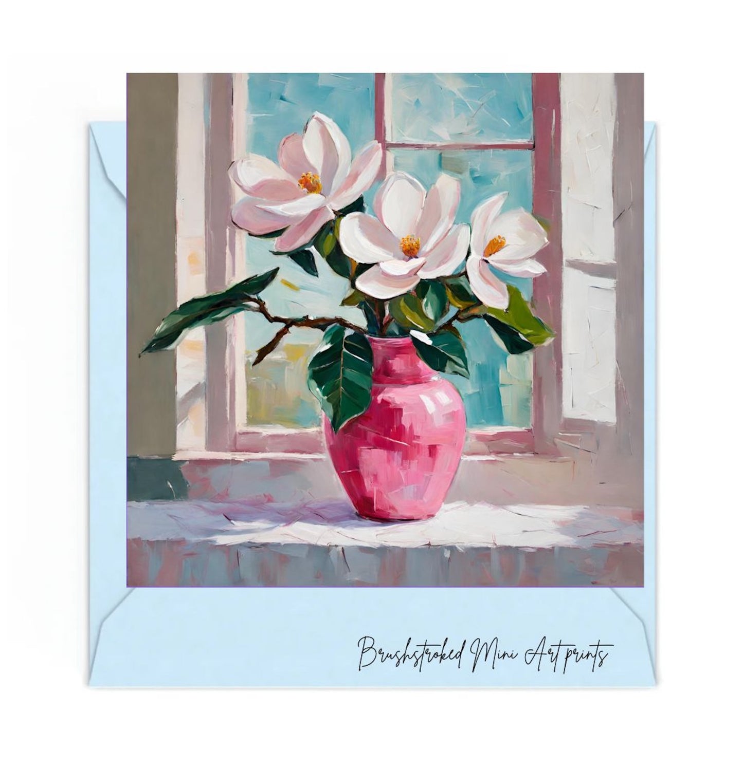 Pink and white magnolias and green leaves in dark pink ceramic vase on window ledge mini art print.