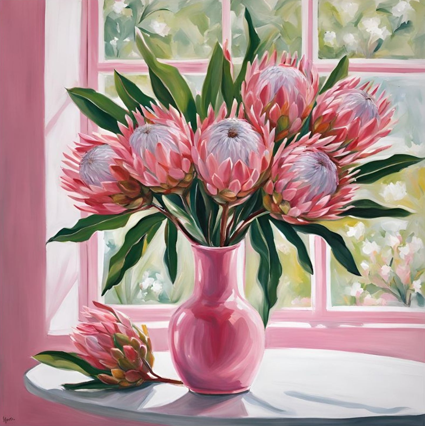 A vibrant painting of pink proteas arranged in a decorative pink vase on a white table near a window