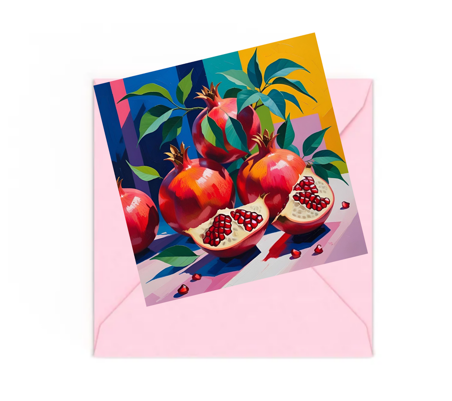 Mini art print of colourful Pomegranates on table sitting on top of a Pink envelope.