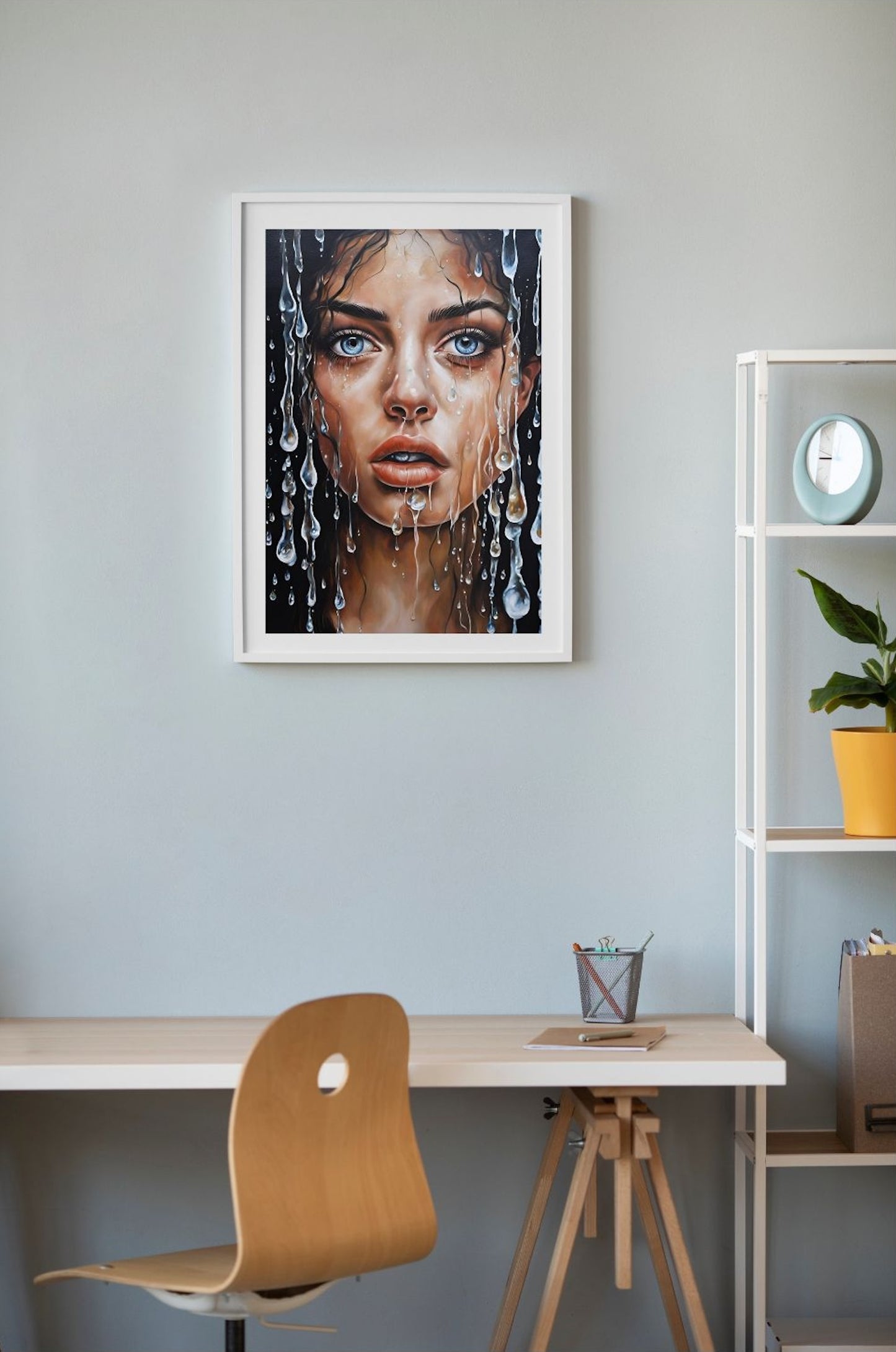 woman with blue eyes portrait art with water drops on wall