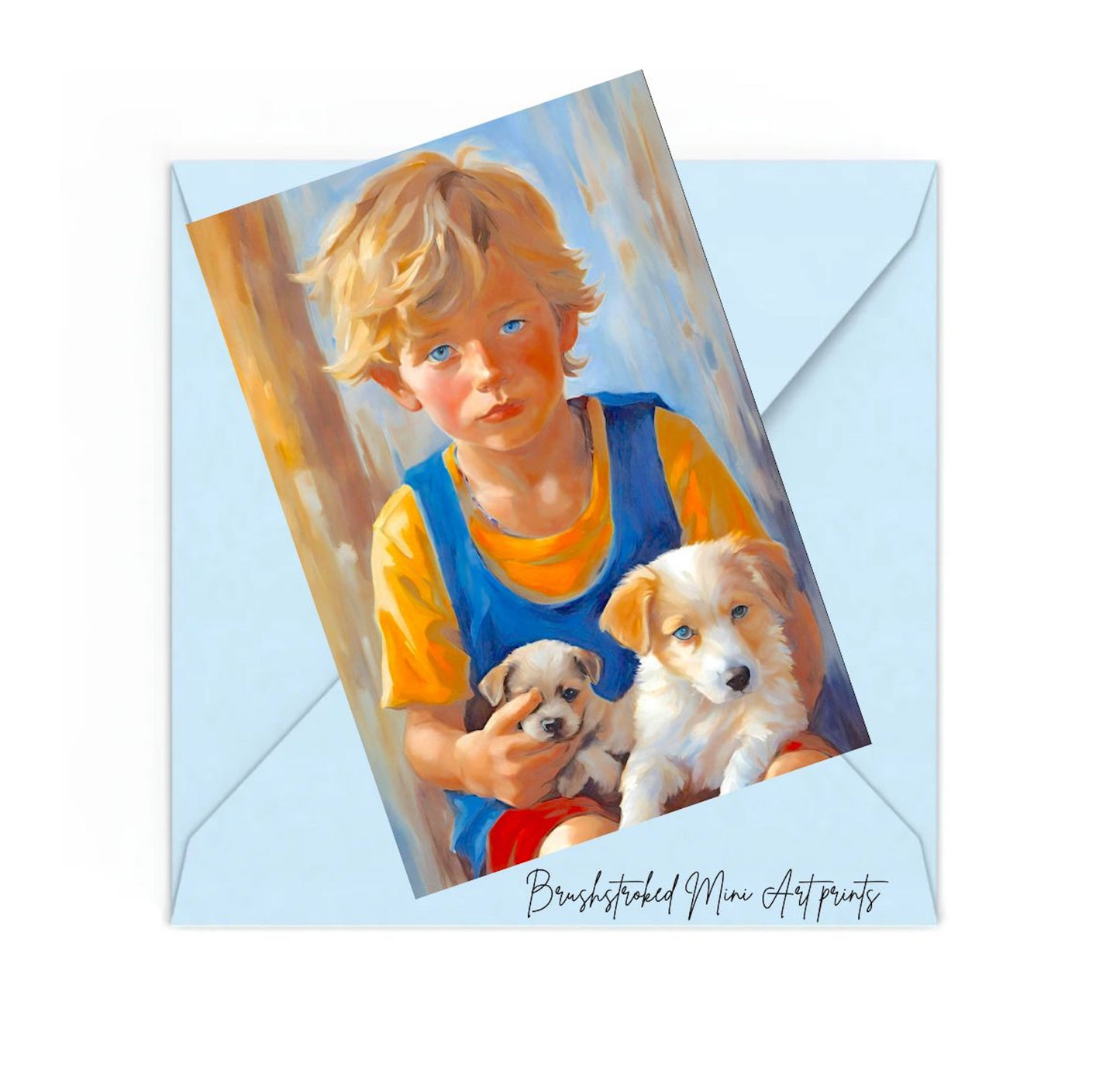 boy with blonde hair blue eyes with two puppies colourful mini art print
