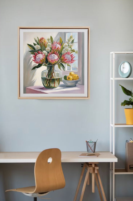 pink proteas flowers in glass vase and lemons in bowl painting hanging on wall