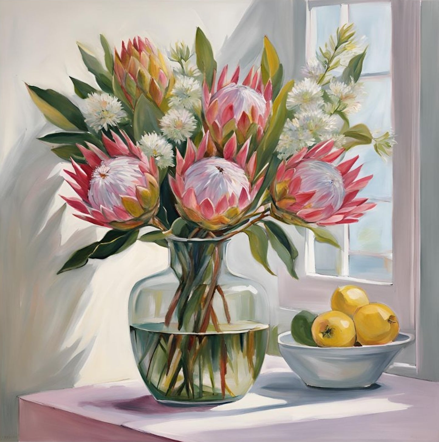 pink Proteas flowers little white flowers in glass vase and lemons in bowl on table near window