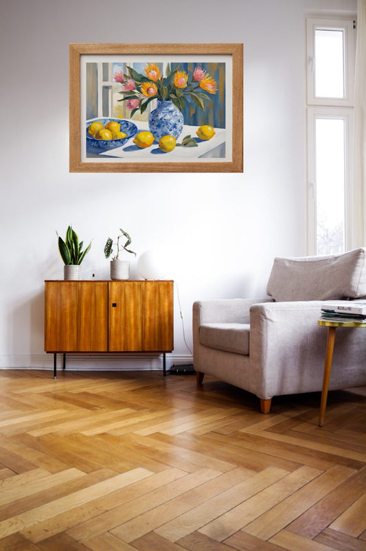 proteas_and_lemons_art_print_framed and hanging on wall