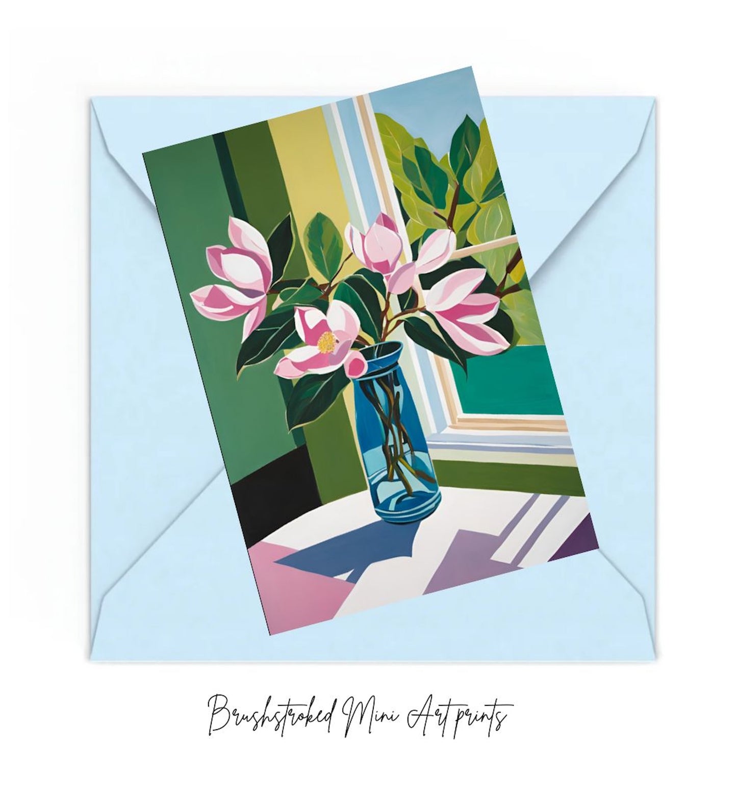 mini art print of pink proteas in blue glass vase near green background