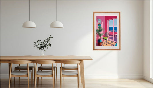 Dining room with a wooden table and chairs, a vase with plants, and a colorful framed picture on the wall.