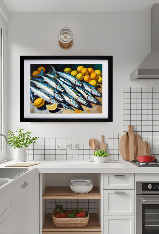 silvery sardines stacked together with lemons wall art print hanging on kitchen wall