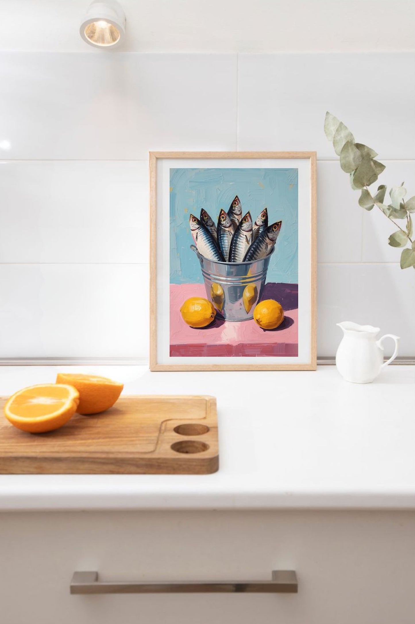 Sardines in Tin Bucket & Lemons Giclée Art Print | Bold Still Life Wall Art