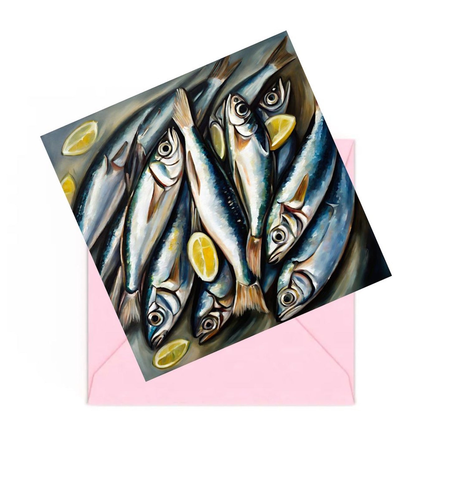 mini art print of sardines fish with lemons on top of a pink envelope