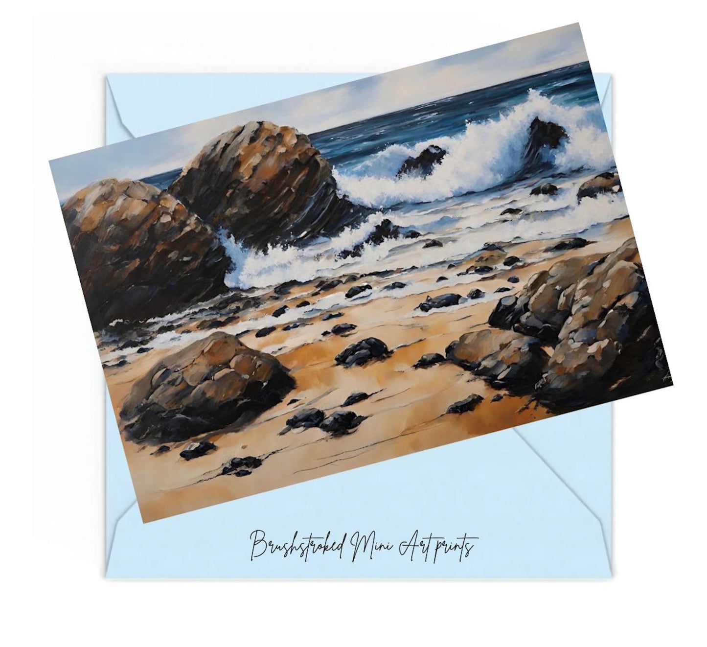 Artistic depiction of a beach scene with rocks and waves, mini art print