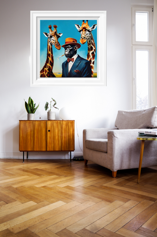 chimpanzee in suit smoking wearing a bow tie with two giraffes surrealist art blue sky art print