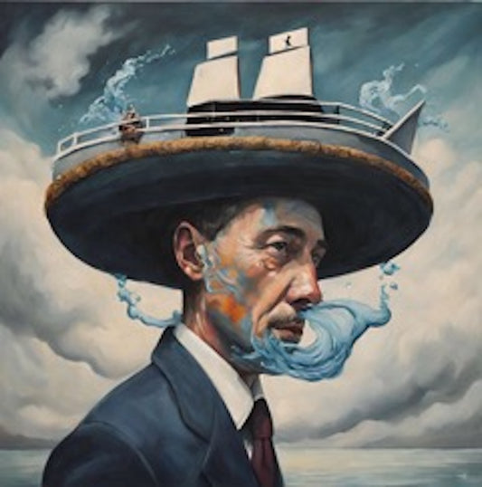 surrealism art print man wearing hat with a ship and water on the hat art print