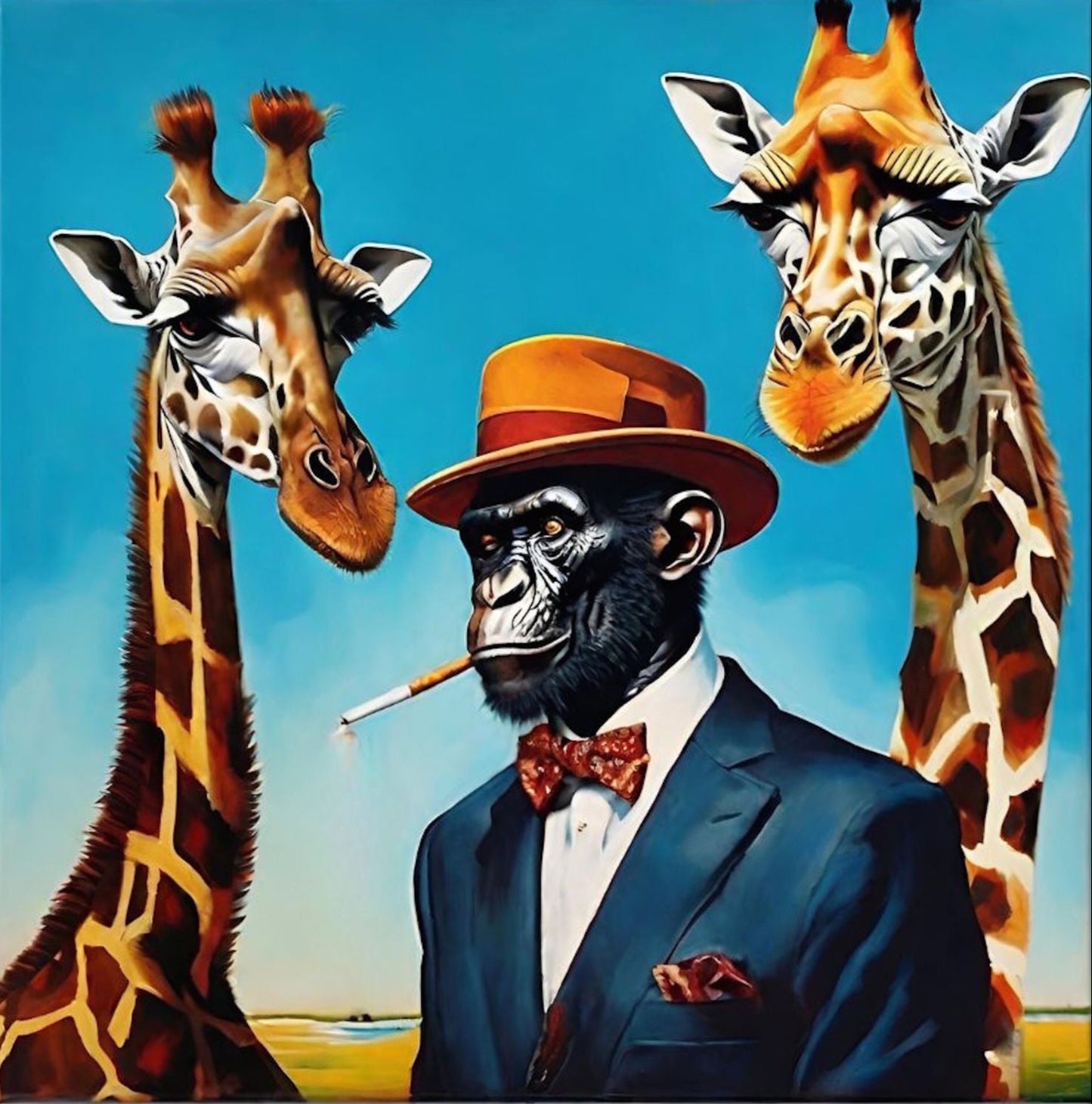 surrealist art giraffes and chimpanzee smoking wearing suit and bow tie blue sky colourful art