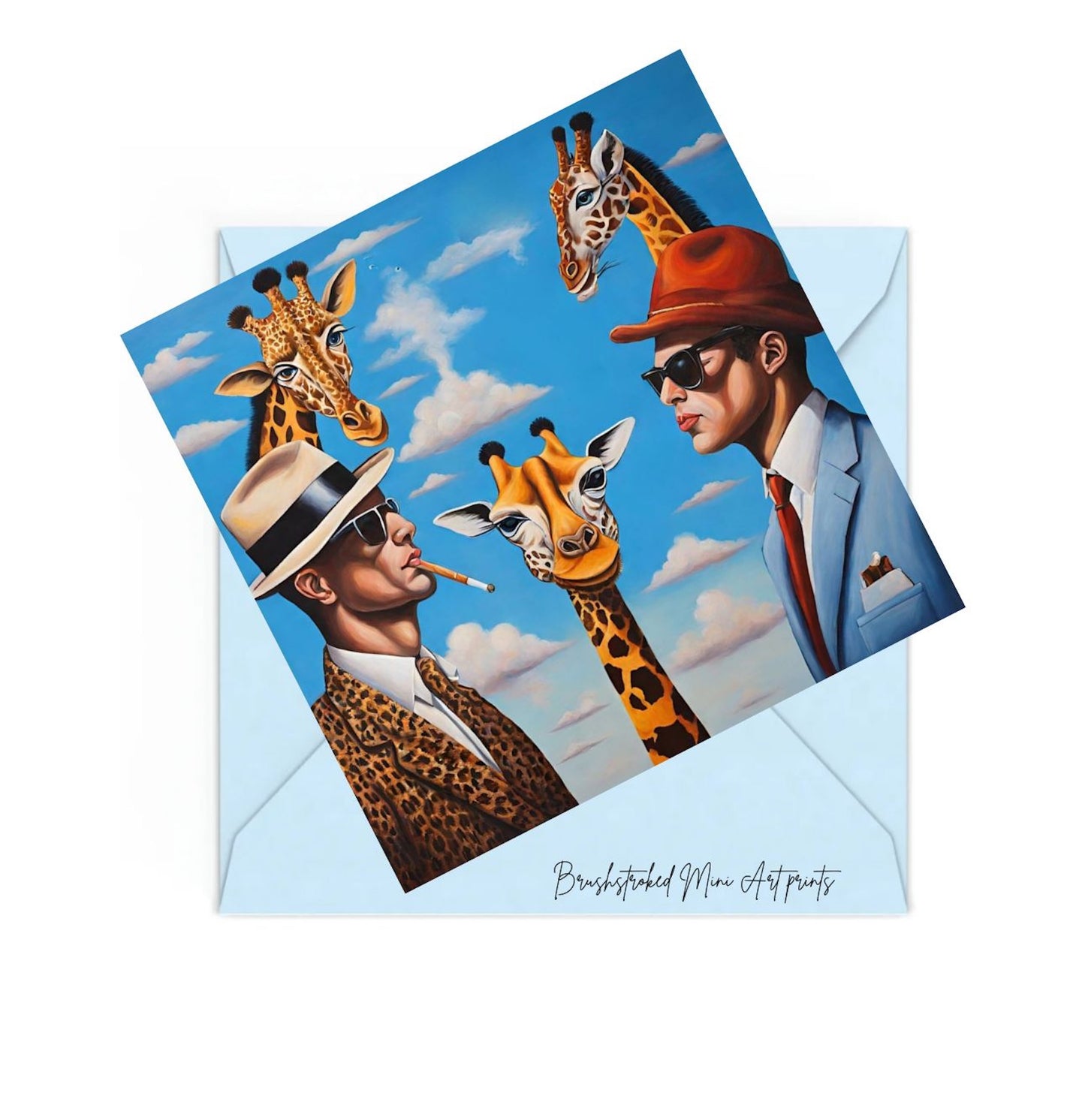 surrealism mini art print colourful with two men in suits and three giraffes next to them