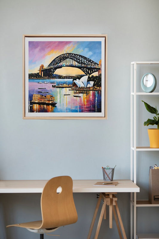 sydney harbour bridge and opera house colourful art print at dusk with lights art print hanging framed on wall.