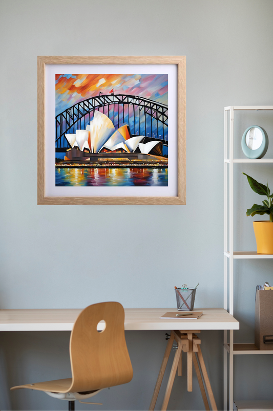 sydney harbour bridge and opera house vibrant coloured painting with colourful skies and water