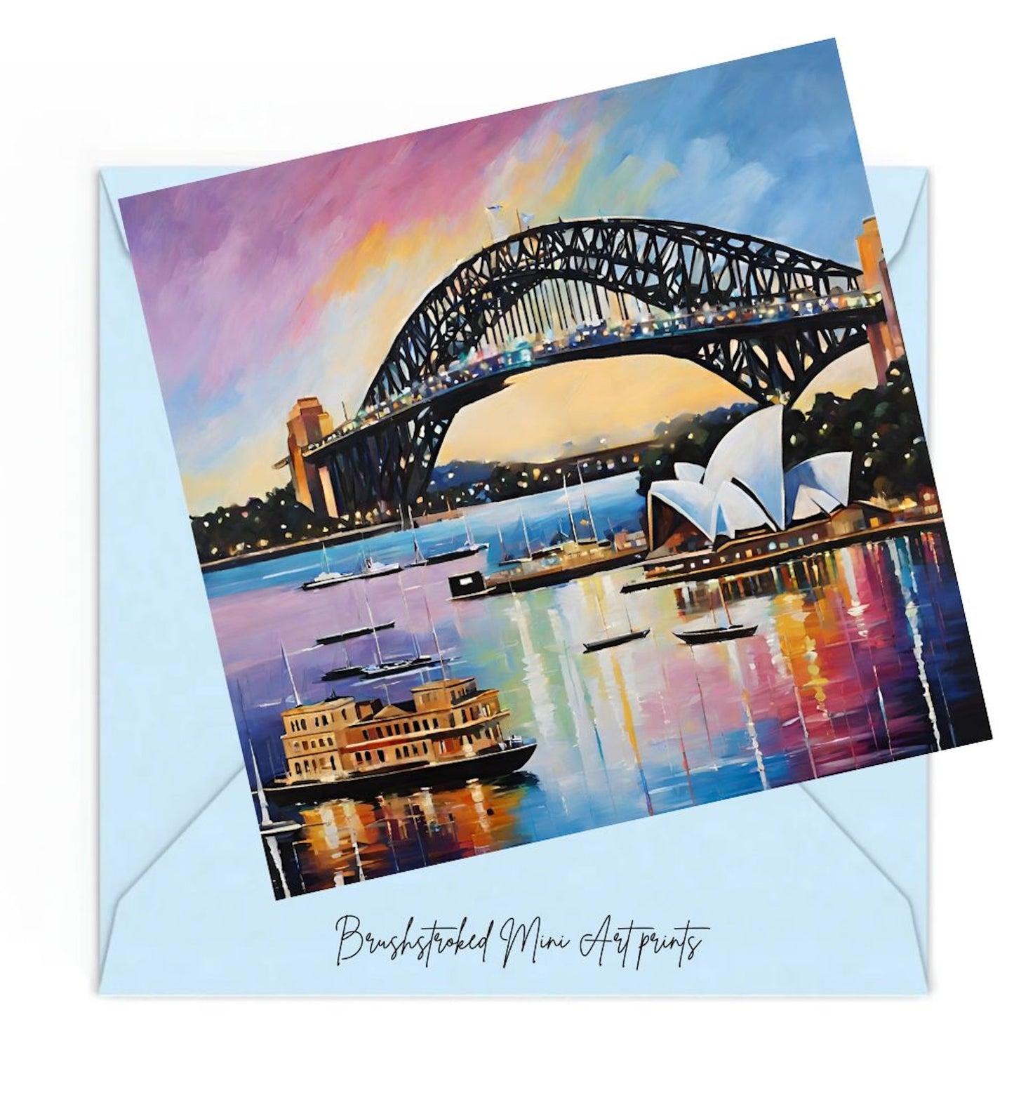 colourful sydney harbour bridge and opera house at dusk mini art print