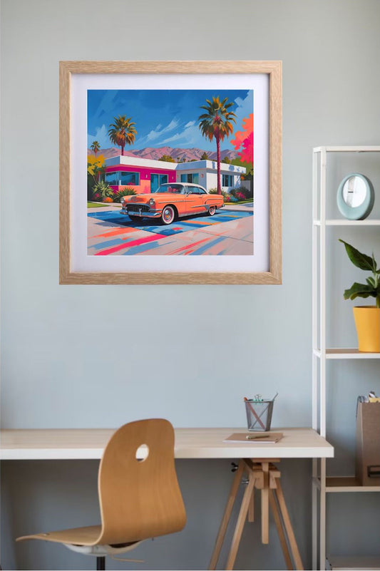 Framed artwork of a vintage car, house and palm trees on a wall above a desk.