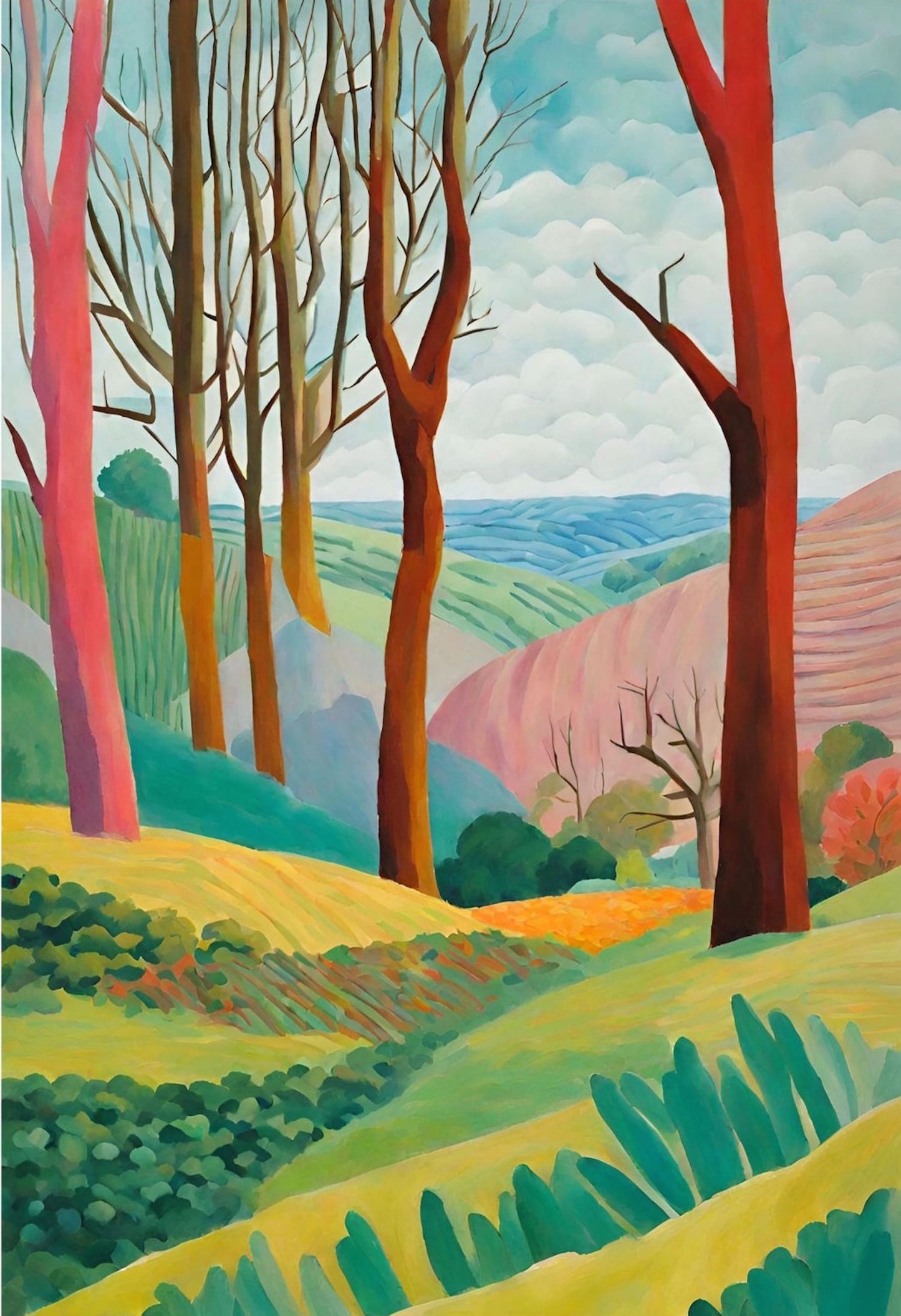 Colourful Abstract Landscape -Trees - Hills - Valleys.Original Giclée Art Print.
