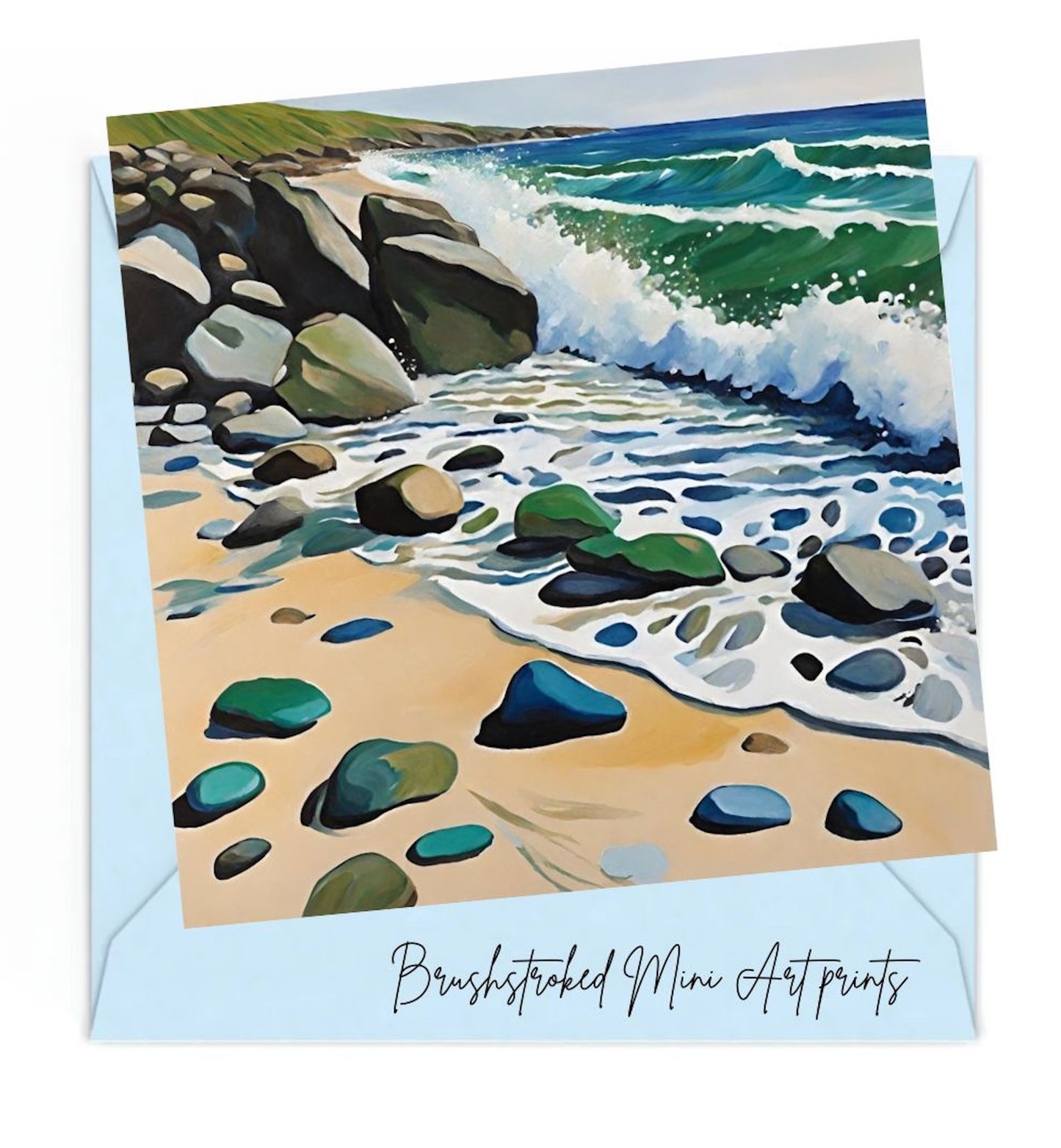 Mini print of a whimsical beach with waves, rocks and cliffs on top of a Blue envelope.