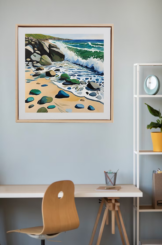 colourful whimsical seascape art framed and hanging on wall above desk