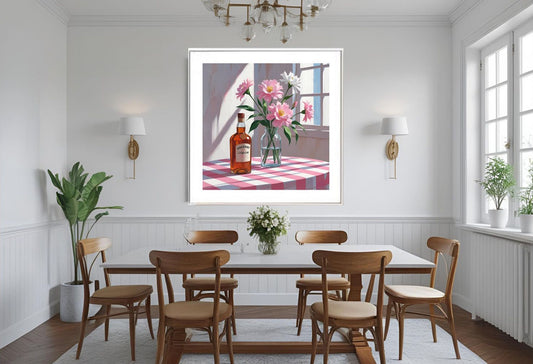 whiskey bottle and pink flowers on table near window with a pink and white check table cloth giclée art print