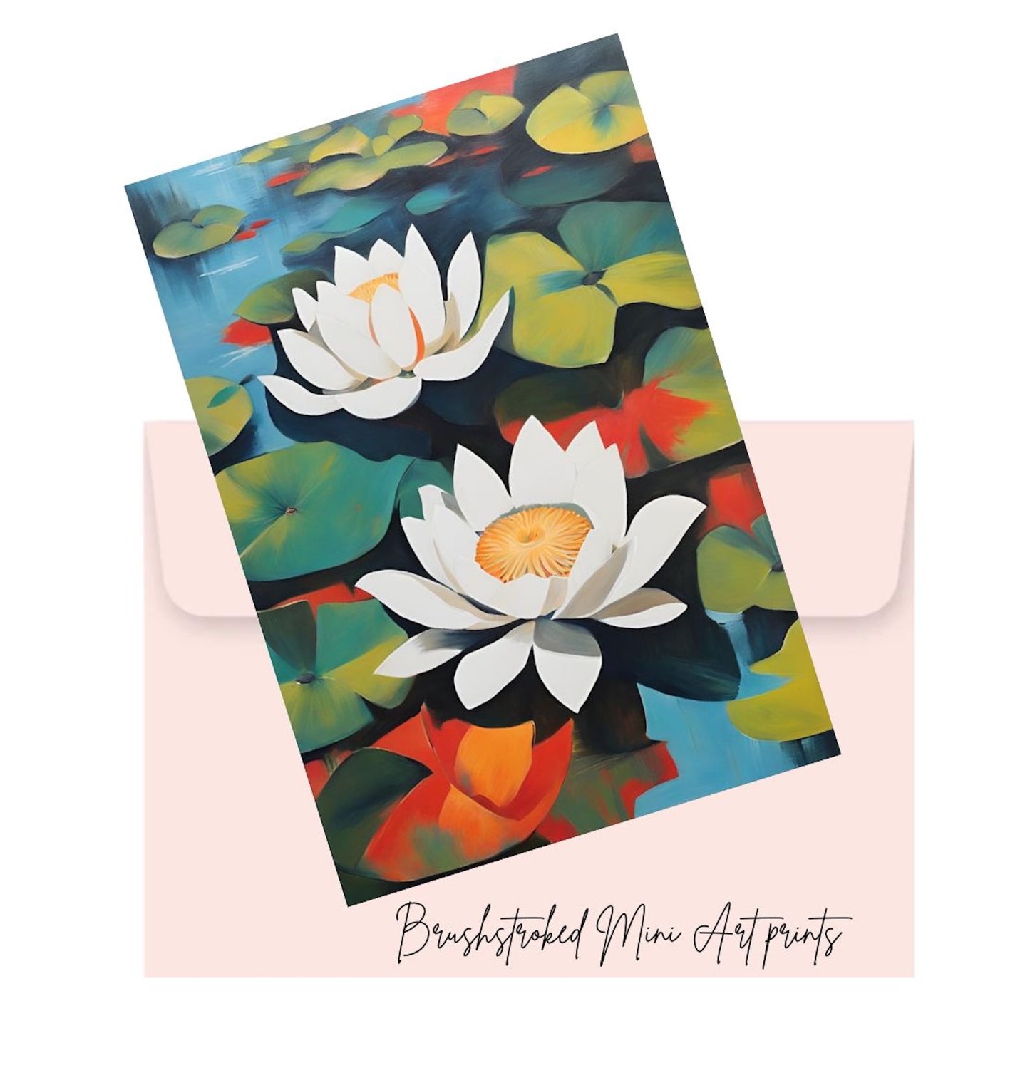 white lillies and green lily pads in water. Colourful mini art print.