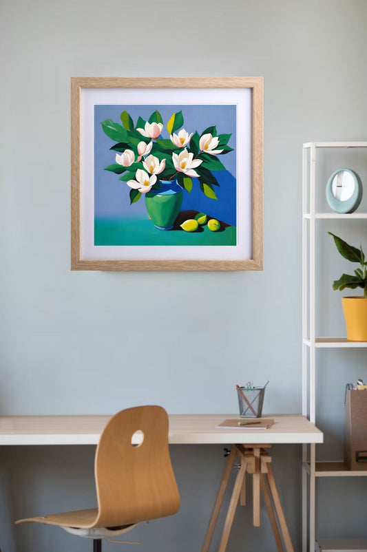 White Magnolias in Green vase art print framed and hanging above table.