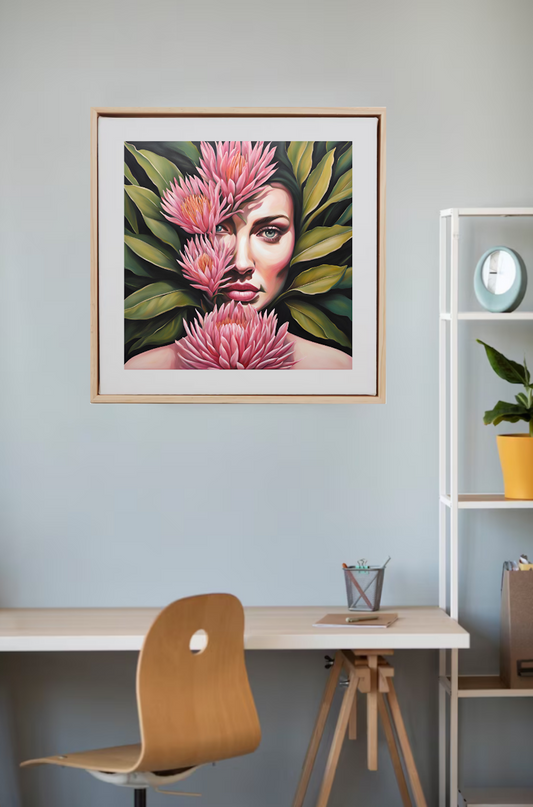 A portrait art print of a blue eyed woman with pink proteas flowers and green leaves adorning her face framed in wood and hanging above a table.