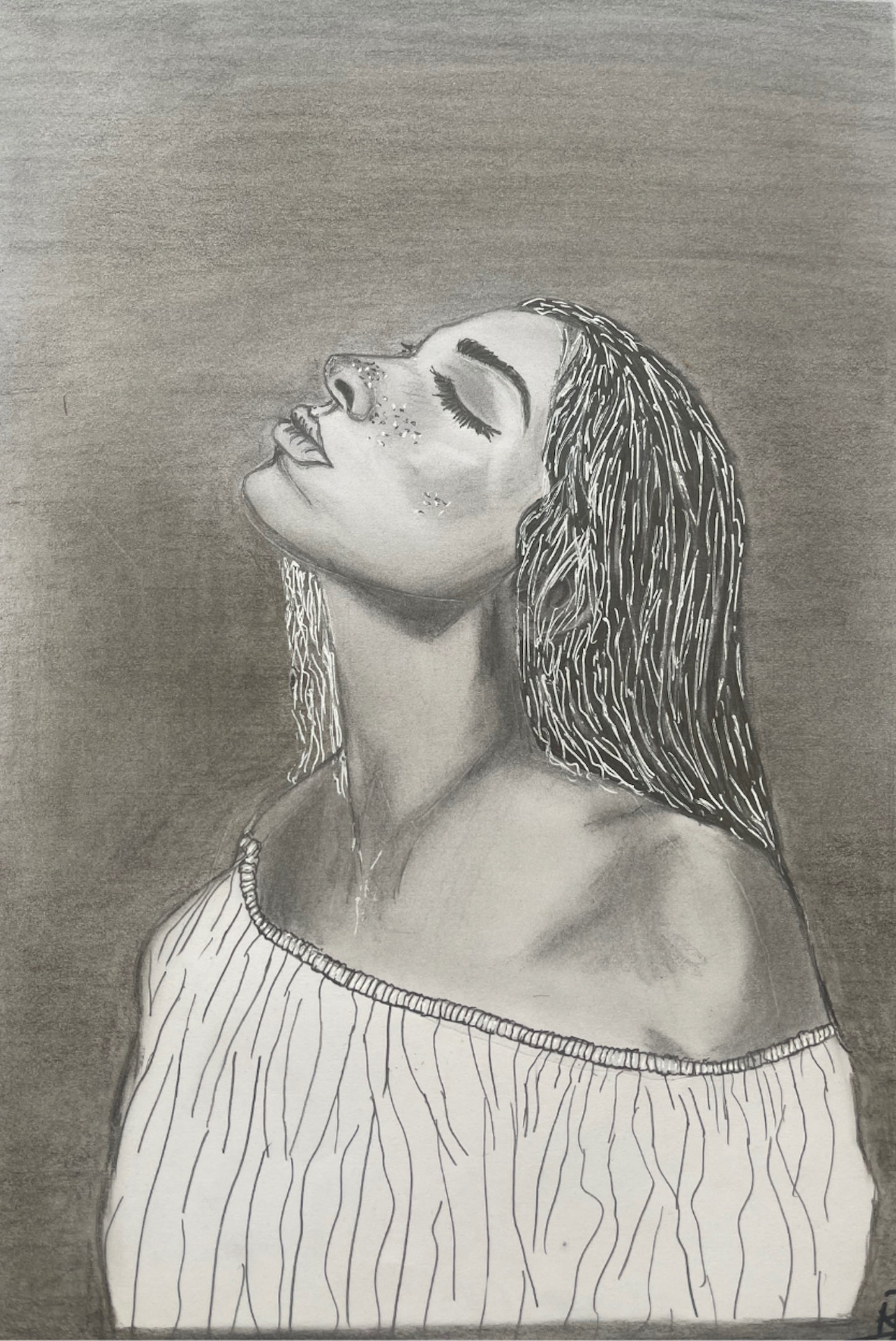 mini art print of Charcoal and pencil portrait painting of a woman with a subtle background.