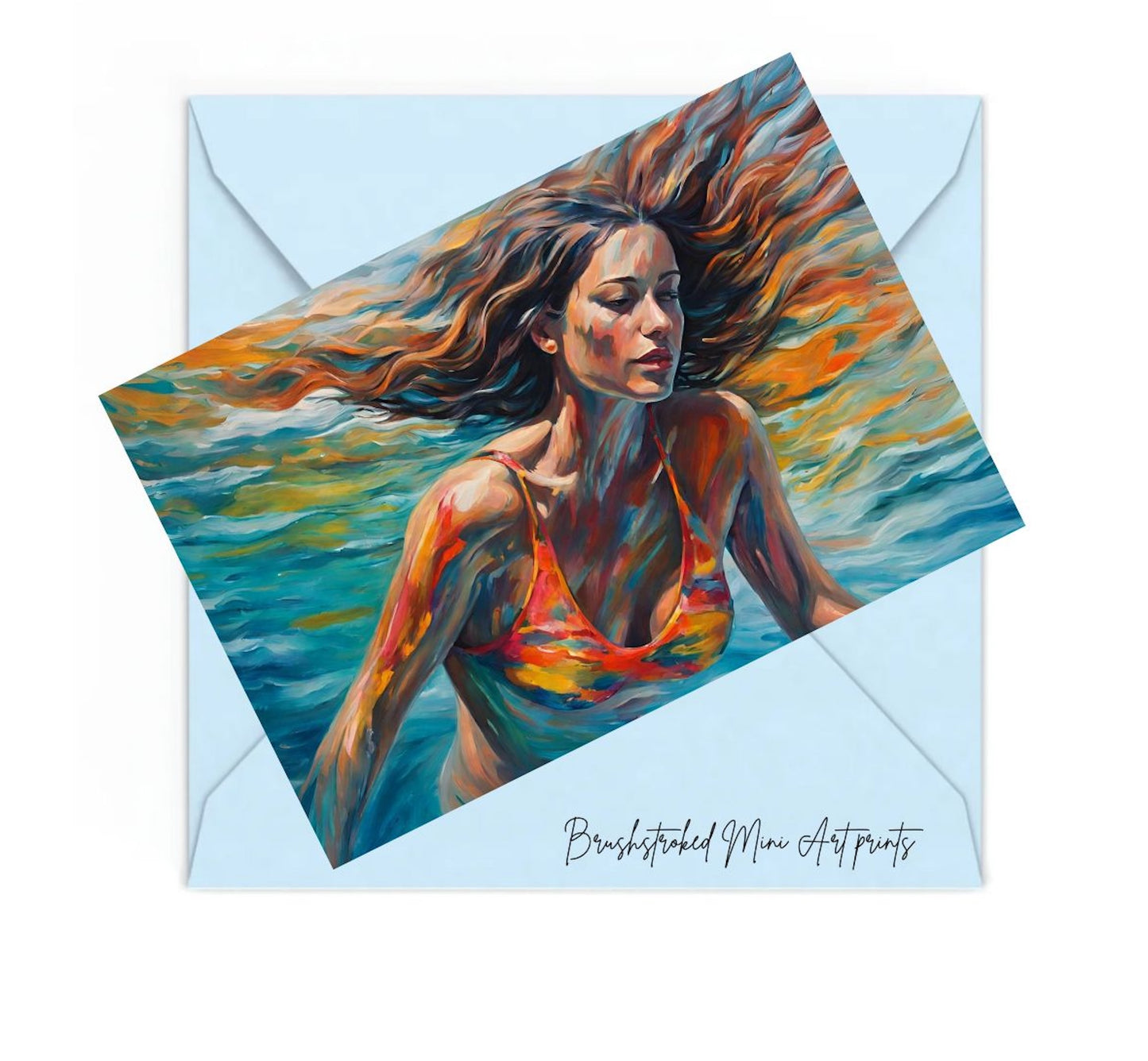 woman swimming in water wearing a colourful swimsuit with colourful reflections mini art print