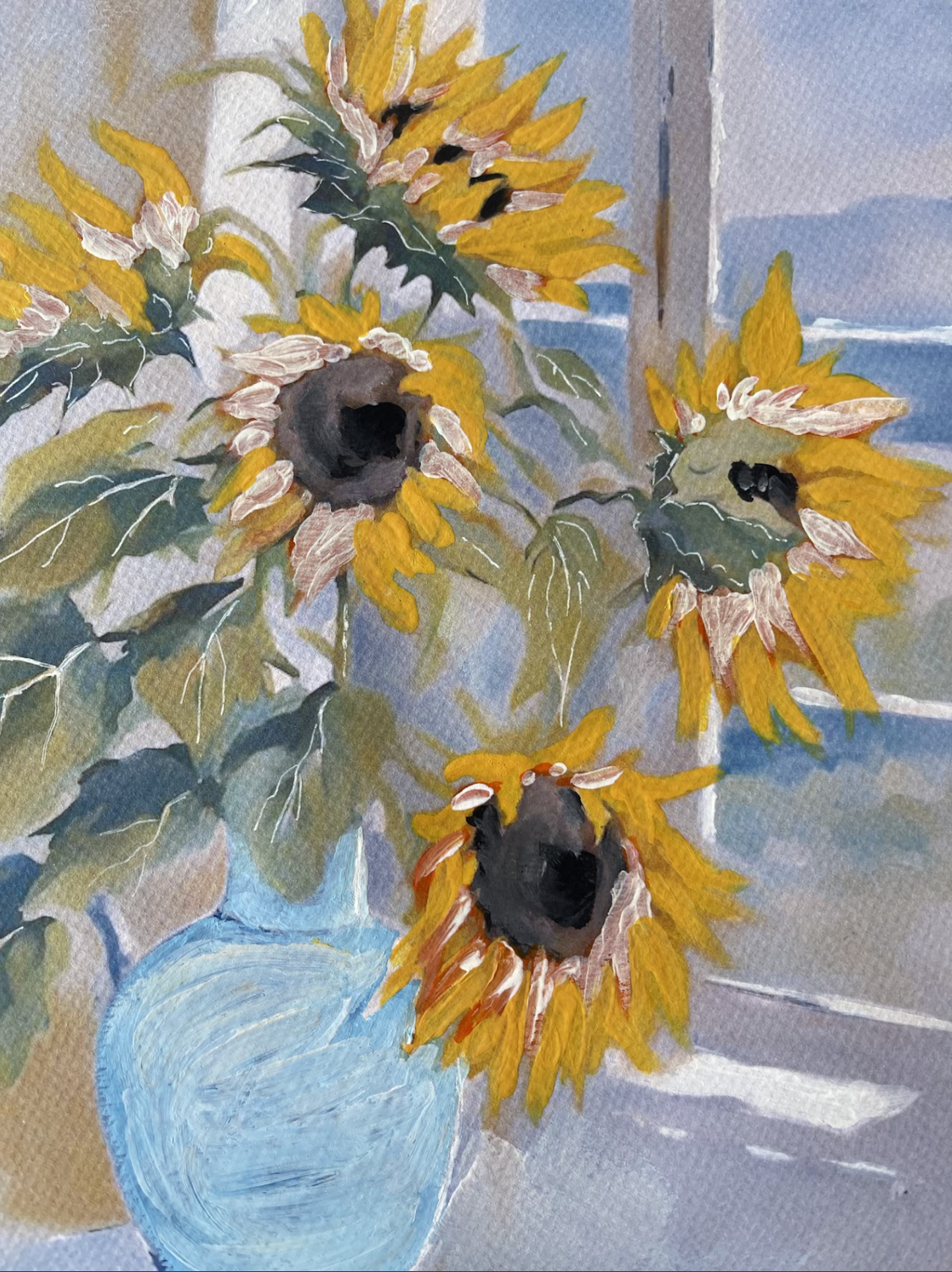 Sunflowers In Blue- Vase-On A Table - Original- Floral-Art.