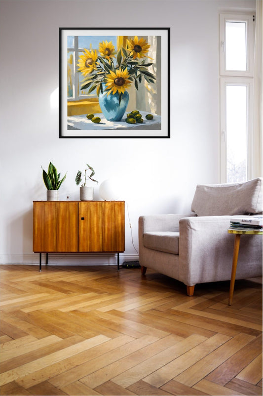 Yellow Sunflowers-In Blue Vase Giclée Art Print.