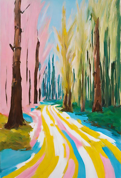 Colorful painting of a forest path with pink and yellow trees